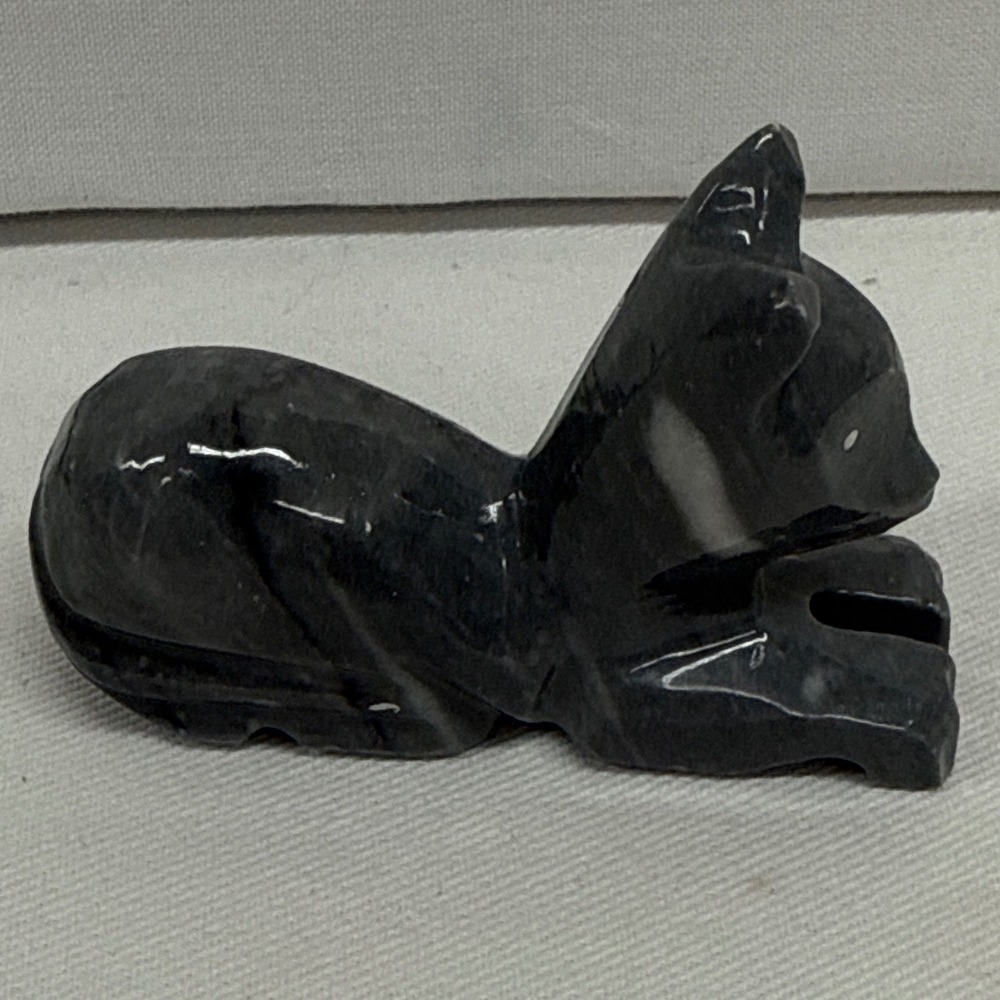 Vintage Hand Carved Stone Cat Figurine‎ Miniature Black Grey Marbled Soapstone